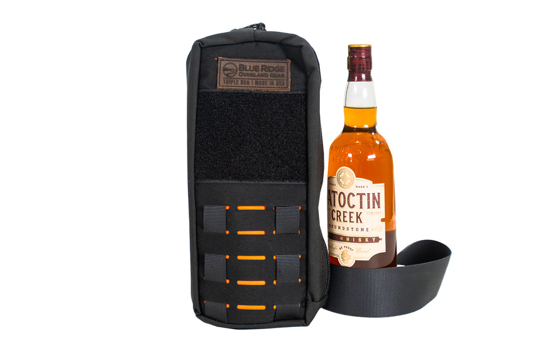 Bootlegger bourbon, whiskey bag - front with example bottle.