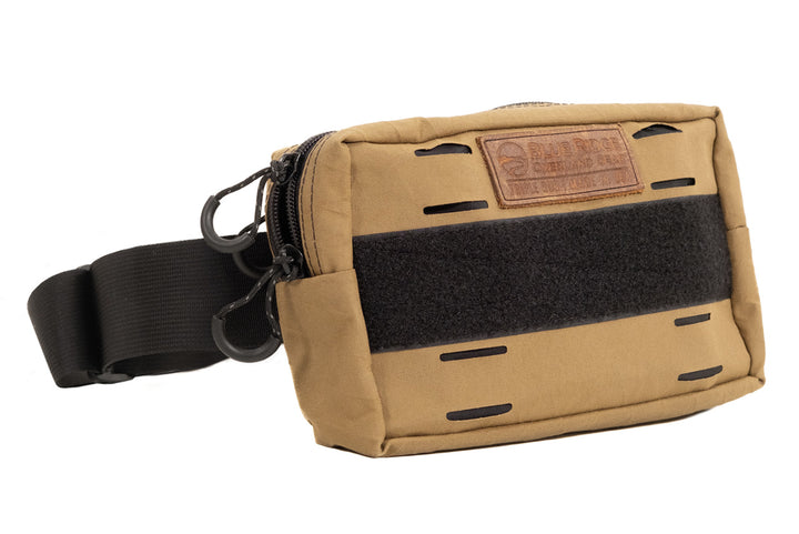 Bum Bag XL in Coyote and Black - front angle view, with leather BROG tag and velcro 