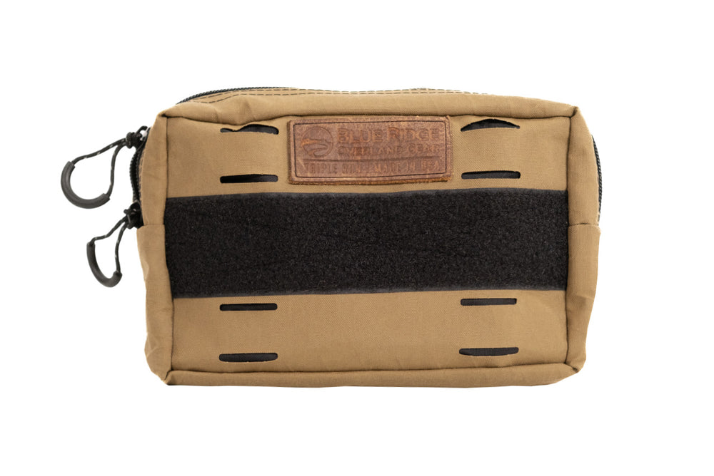 Bum Bag XL in Coyote and Black - front, with leather BROG tag and velcro 