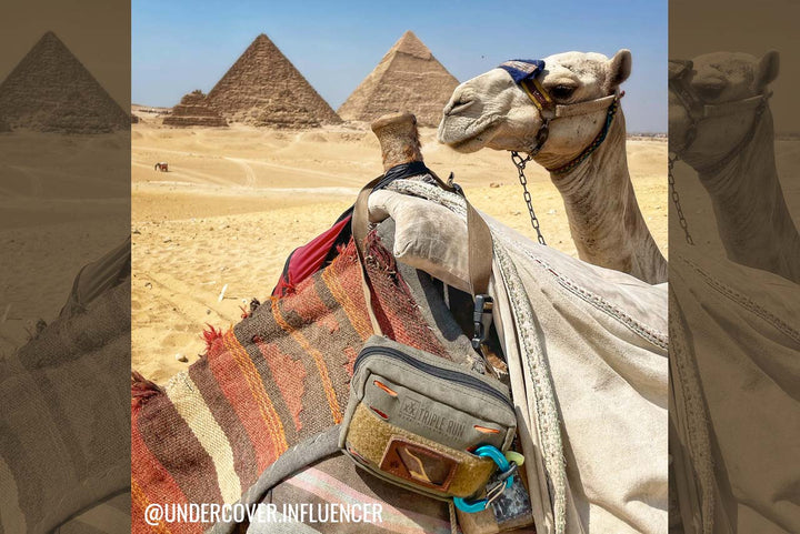 BROG Bum Bag on camel saddle with camel head peeking over and pyramids in back