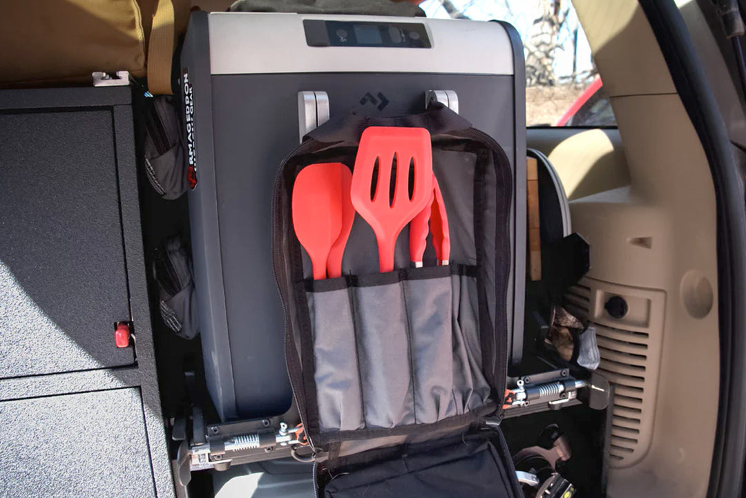 Camp Cooking utensils stored in BROG Cook Kit bag, hung in vehicle