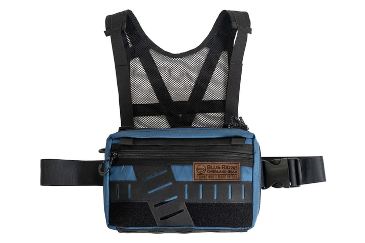 Chest Pack by Blue Ridge Overland Gear, ocean blue color, with chest harness accessory view