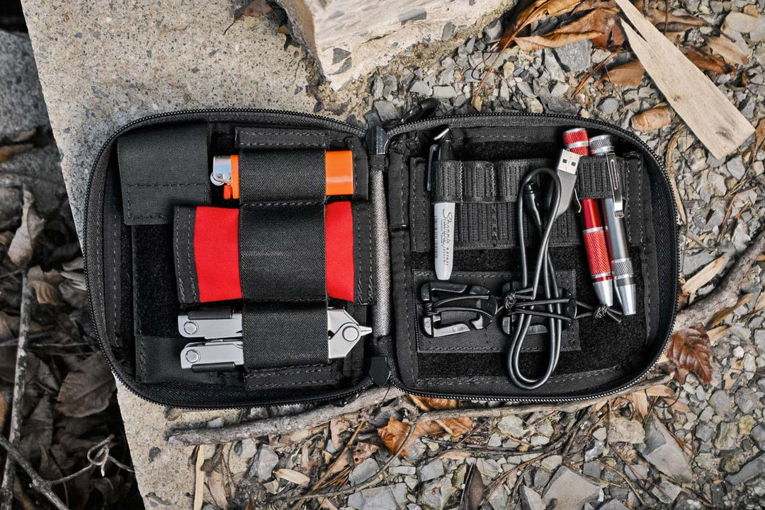 Open EDC Pouch with Velcro Organizers that hold small tools and EDC items.