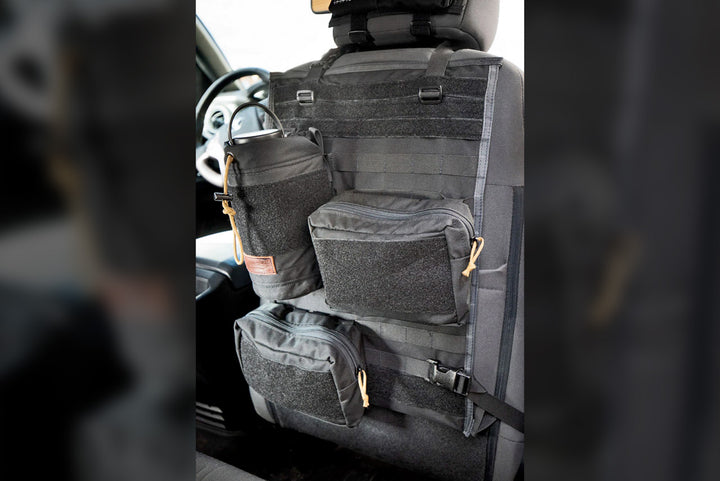 Seat back panel with black Medium GP Pouches and water bottle pouch